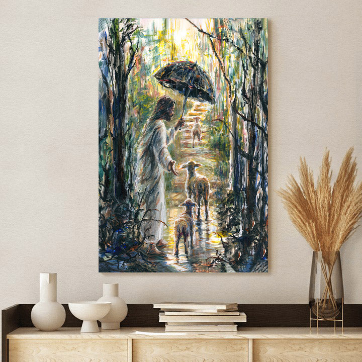 Jesus With Umbrella Leading Lambs Canvas Pictures - Jesus Canvas Painting - Christian Canvas Prints