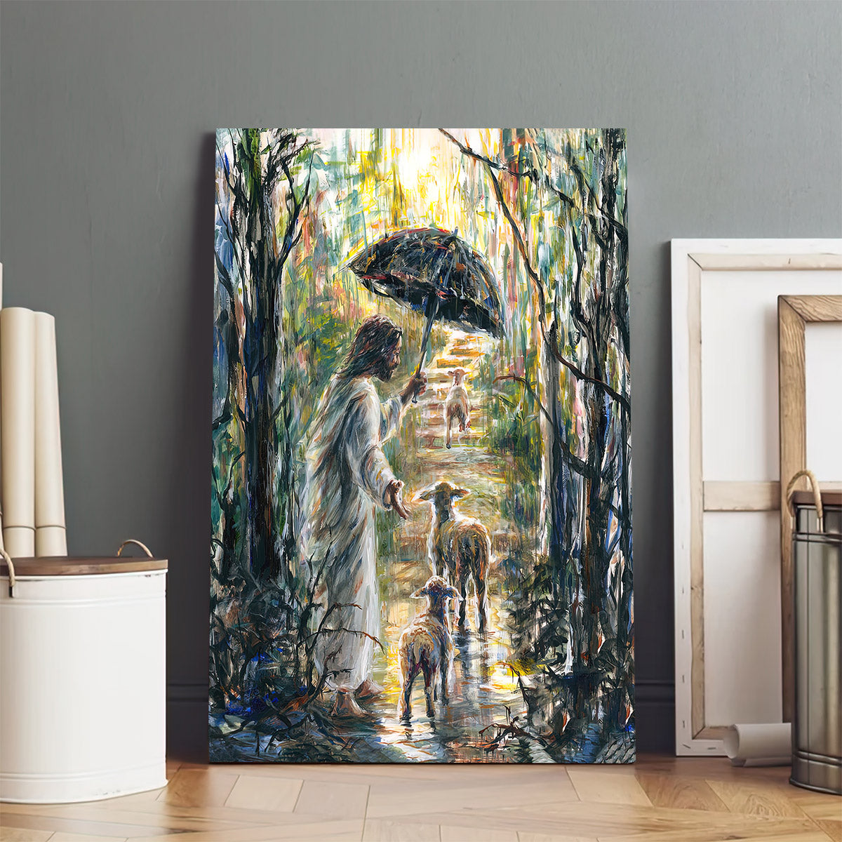 Jesus With Umbrella Leading Lambs Canvas Pictures - Jesus Canvas Painting - Christian Canvas Prints