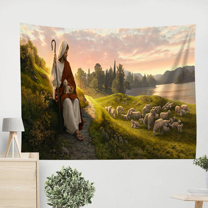 Jesus and Lamb Tapestry - Dear to the Heart of the Shepherd Tapestry Christian - Jesus Pictures - Christian Wall Tapestry