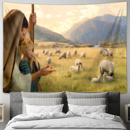 Jesus and Lamb Tapestry - Feed My Sheep Tapestry Christian - Jesus Pictures - Christian Wall Tapestry