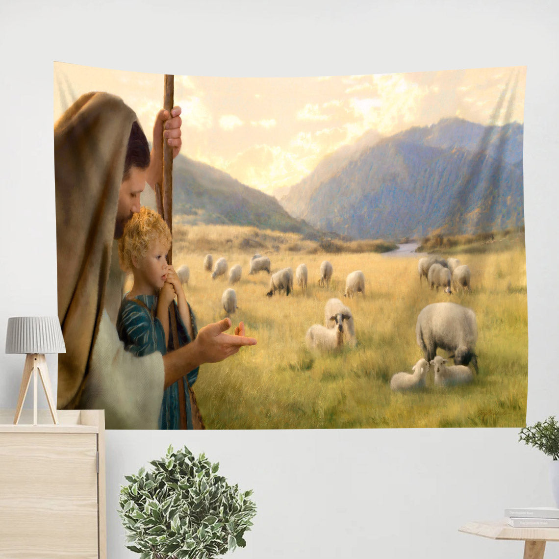 Jesus and Lamb Tapestry - Feed My Sheep Tapestry Christian - Jesus Pictures - Christian Wall Tapestry