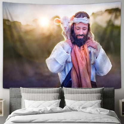 Jesus and Lamb Tapestry - Rejoice Tapestry Christian - Jesus Pictures - Christian Wall Tapestry