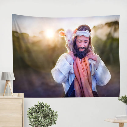 Jesus and Lamb Tapestry - Rejoice Tapestry Christian - Jesus Pictures - Christian Wall Tapestry