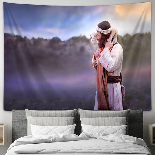 Jesus and Lamb Tapestry - Shoulders Tapestry Christian - Jesus Pictures - Christian Wall Tapestry