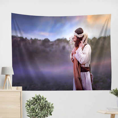 Jesus and Lamb Tapestry - Shoulders Tapestry Christian - Jesus Pictures - Christian Wall Tapestry