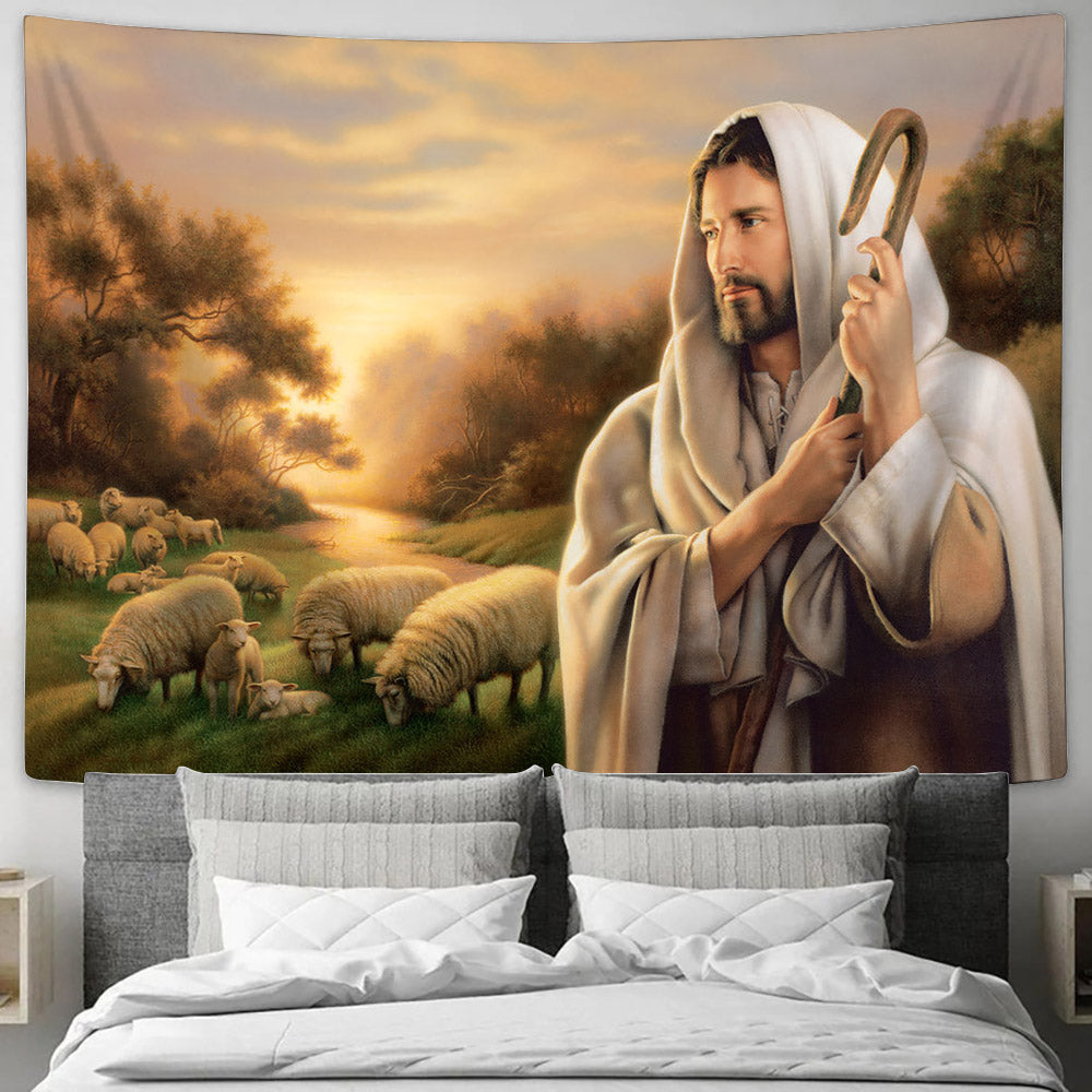 Jesus and Lamb Tapestry - The Lord is My Shepherd Tapestry Christian - Jesus Pictures - Christian Wall Tapestry