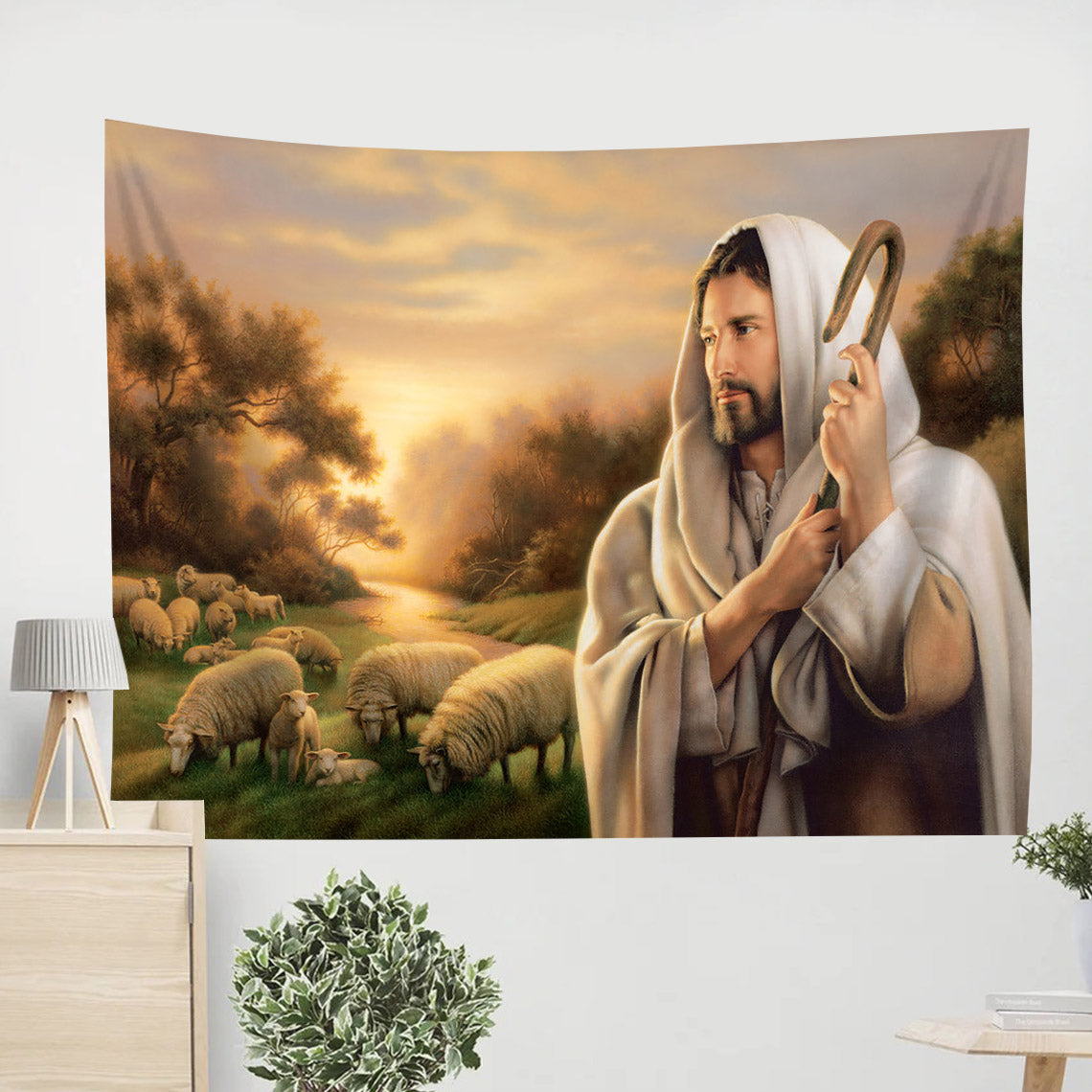Jesus and Lamb Tapestry - The Lord is My Shepherd Tapestry Christian - Jesus Pictures - Christian Wall Tapestry
