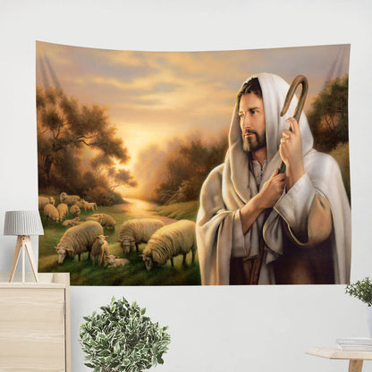 Jesus and Lamb Tapestry - The Lord is My Shepherd Tapestry Christian - Jesus Pictures - Christian Wall Tapestry