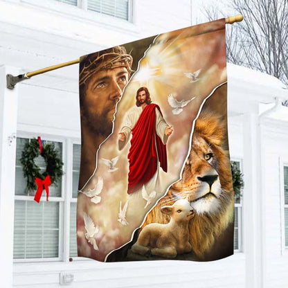 Jesus and Lion One Nation Under God Flag - Outdoor Christian House Flag - Christian Garden Flags