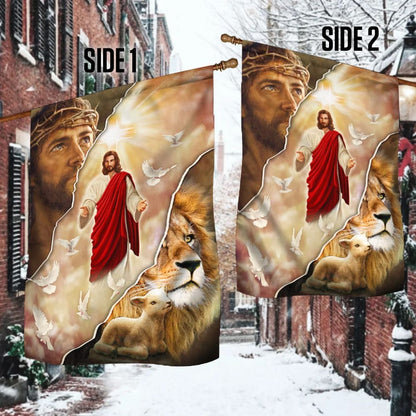 Jesus and Lion One Nation Under God Flag - Outdoor Christian House Flag - Christian Garden Flags