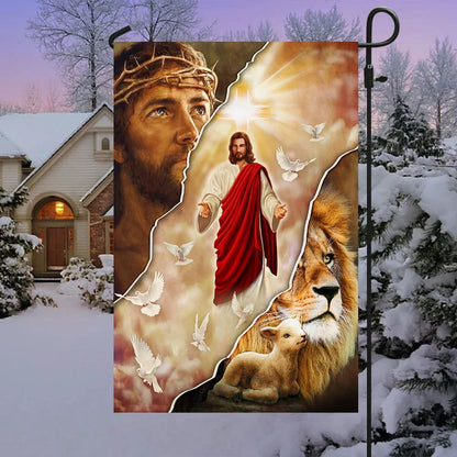 Jesus and Lion One Nation Under God Flag - Outdoor Christian House Flag - Christian Garden Flags