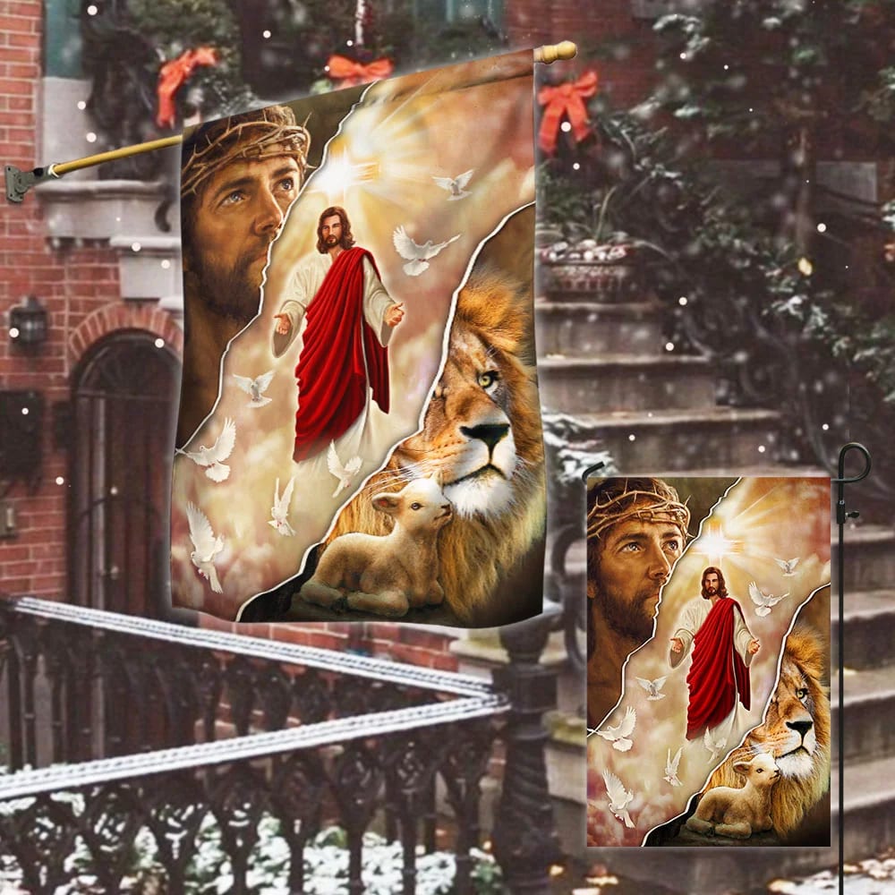 Jesus and Lion One Nation Under God Flag - Outdoor Christian House Flag - Christian Garden Flags