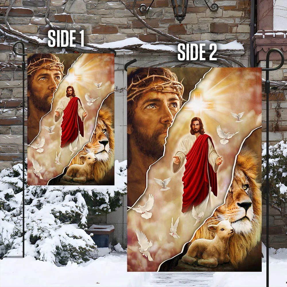 Jesus and Lion One Nation Under God Flag - Outdoor Christian House Flag - Christian Garden Flags