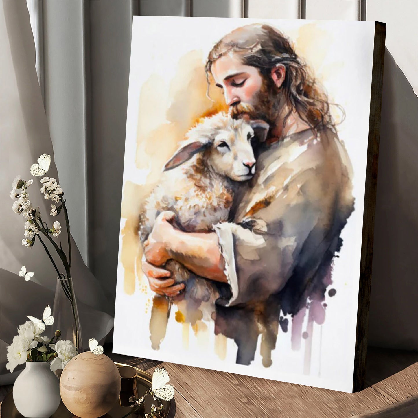 Jesus and the Lost Sheep Water Color - Jesus Canvas Art - Christian Wall Canvas