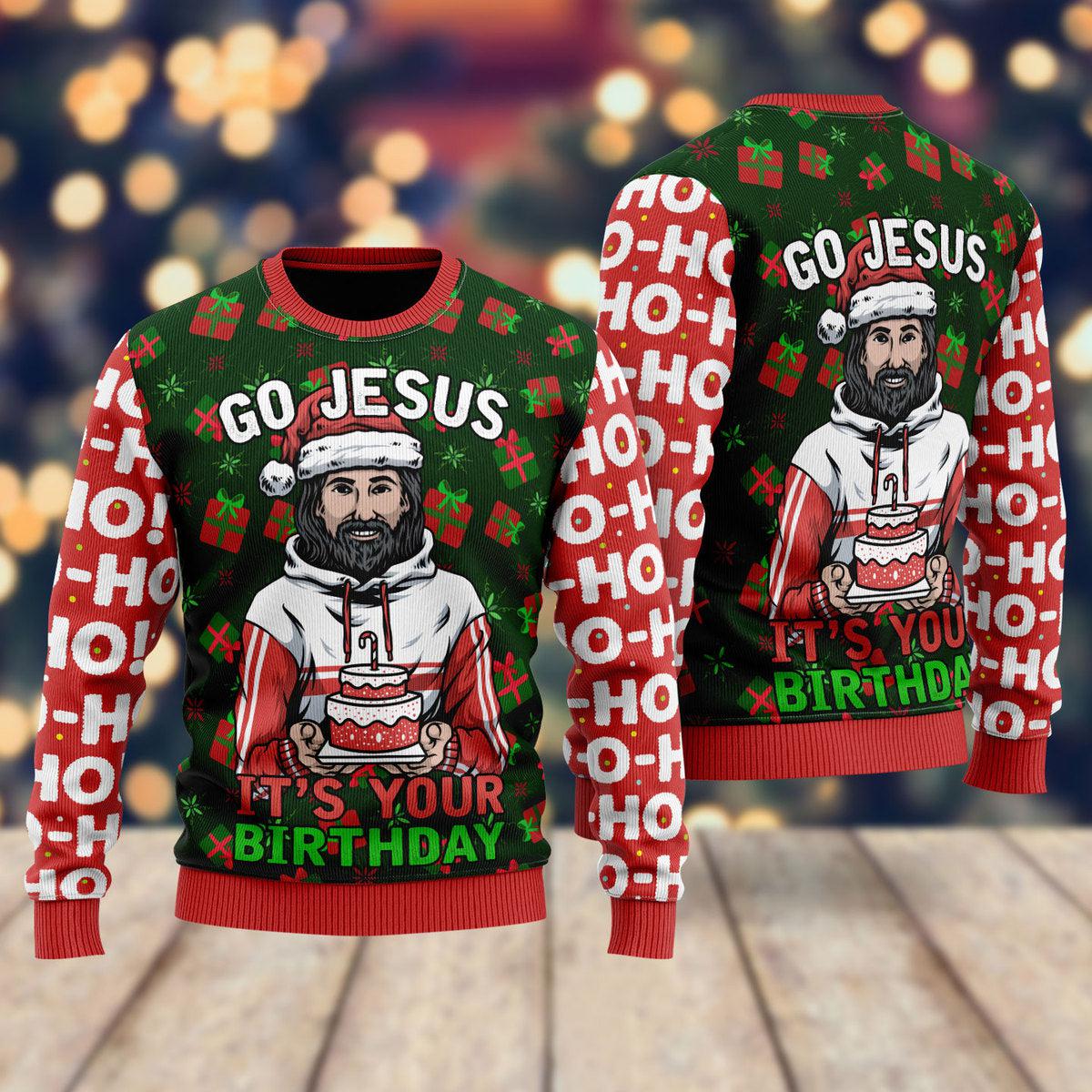 Jesus's Birthday Go Jesus Ugly Christmas Sweater For Men & Women - Jesus Christ Sweater - God Gifts Idea