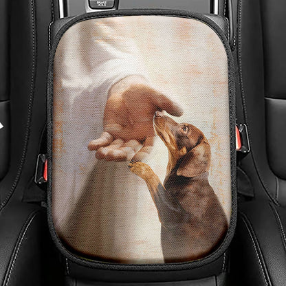 Jesus's Hand Dachshund Dog Seat Box Cover, Christian Car Center Console Cover, Gift For Dog Lover