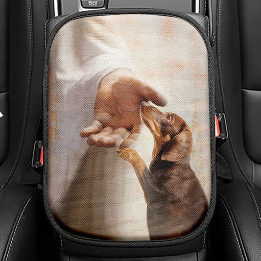 Jesus's Hand Dachshund Dog Seat Box Cover, Christian Car Center Console Cover, Gift For Dog Lover