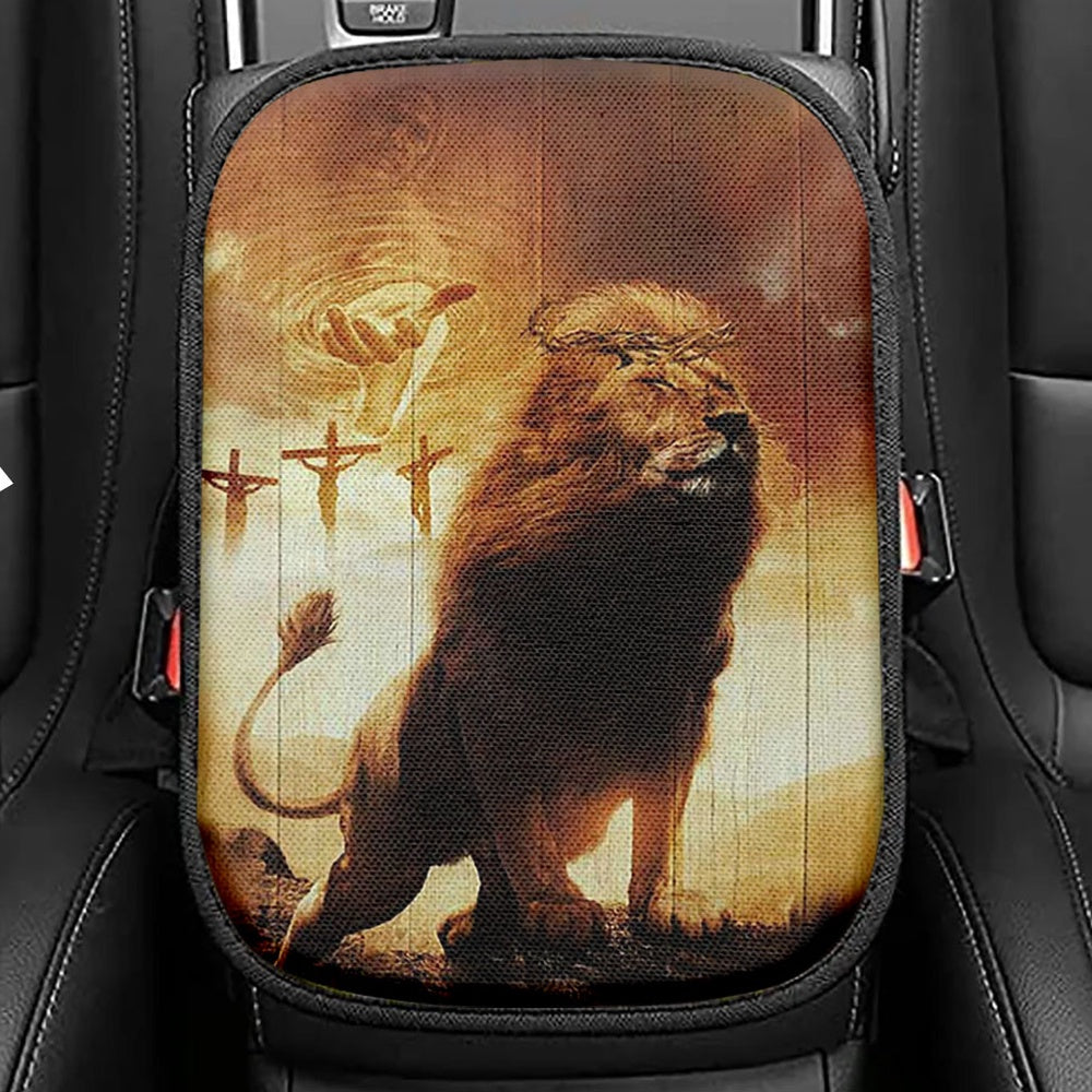 Jesus's Hand Lion Of Judah Crosses Seat Box Cover, Jesus Portrait Car Center Console Cover, Christian Car Interior Accessories