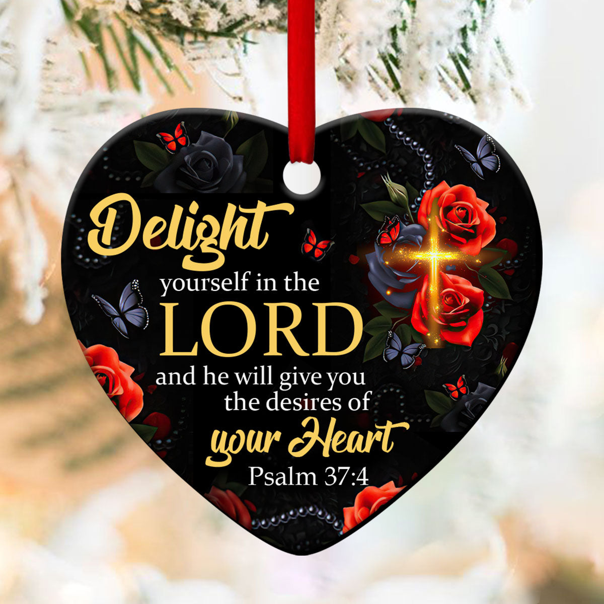 Jesuspirit Cross Ceramic Heart Ornament  Psalm 374  Roses And Butterfly  Delight Yourself In The Lord