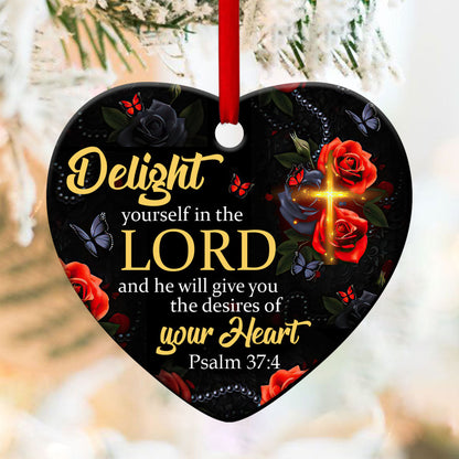 Jesuspirit Cross Ceramic Heart Ornament  Psalm 374  Roses And Butterfly  Delight Yourself In The Lord