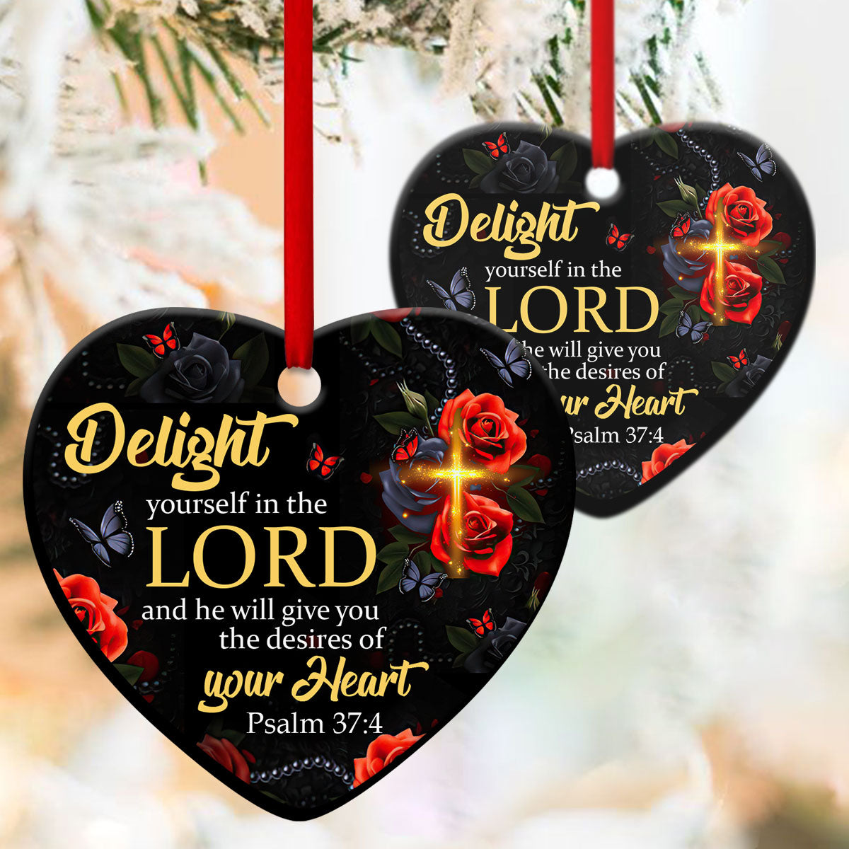 Jesuspirit Cross Ceramic Heart Ornament  Psalm 374  Roses And Butterfly  Delight Yourself In The Lord