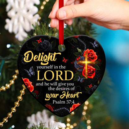 Jesuspirit Cross Ceramic Heart Ornament  Psalm 374  Roses And Butterfly  Delight Yourself In The Lord