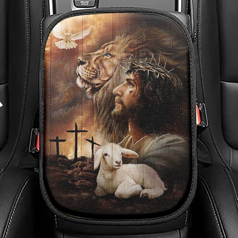 Jeus Lion Of Judah Lamb Of God Dove Of Peace Seat Box Cover, Jesus Portrait Car Center Console Cover, Christian Car Interior Accessories
