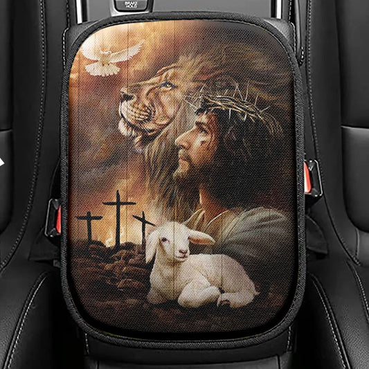 Jeus Lion Of Judah Lamb Of God Dove Of Peace Seat Box Cover, Jesus Portrait Car Center Console Cover, Christian Car Interior Accessories