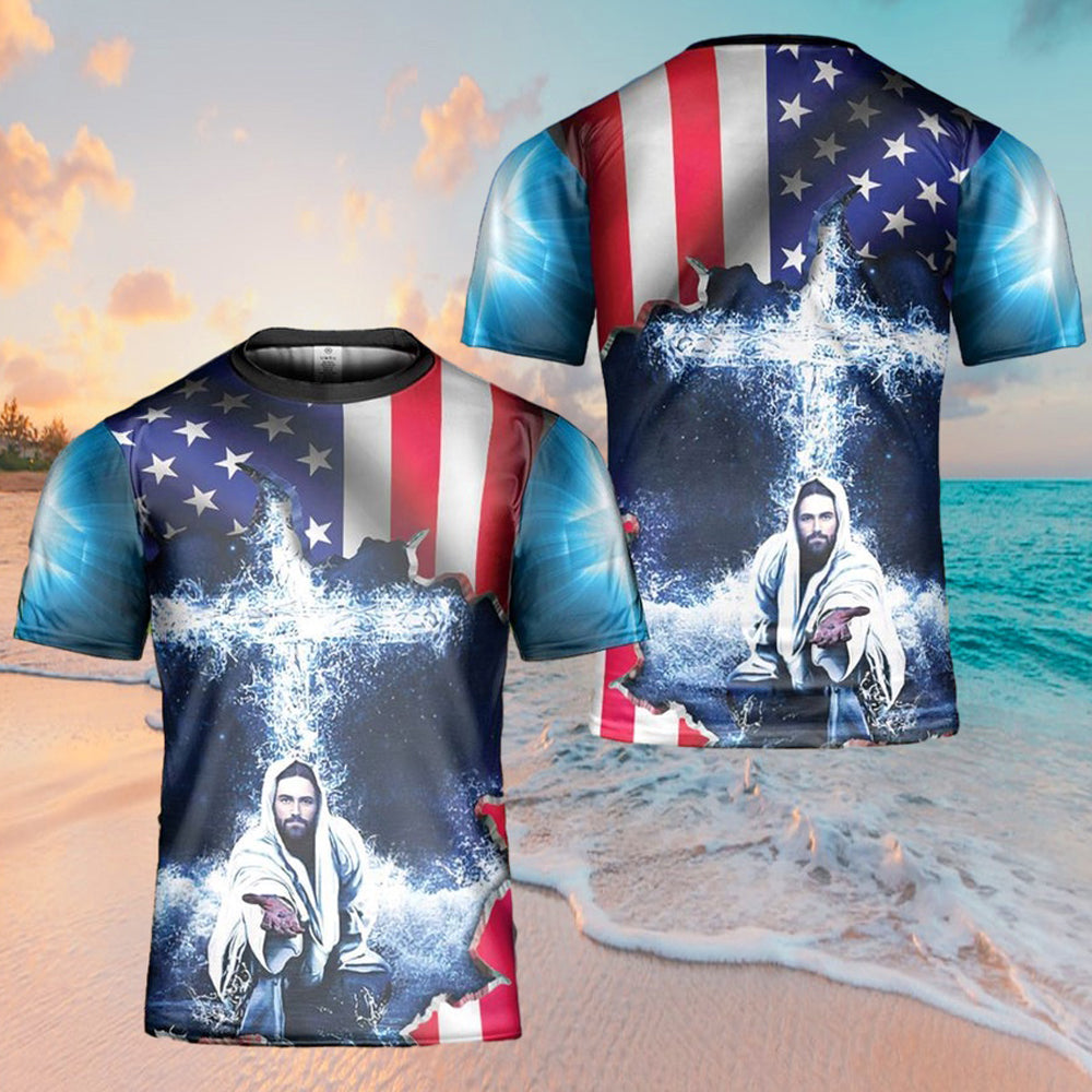 Jeusus Take My Hand American Flag Cross 3D Shirt Christian For Men&Women