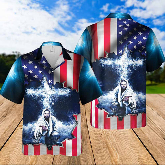Jeusus Take My Hand American Flag Cross Hawaiian Shirt - Christian Hawaiian Shirts For Women Men