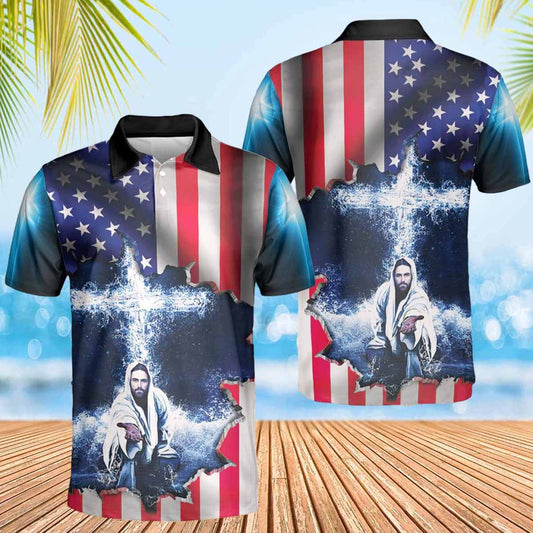 Jeusus Take My Hand American Flag Cross Polo Shirts - Christian Shirt For Men And Women