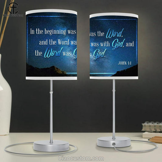 John 11 In The Beginning Was The Word Table Lamp Print - Bible Verse Lamp Art - Christian Room Decor