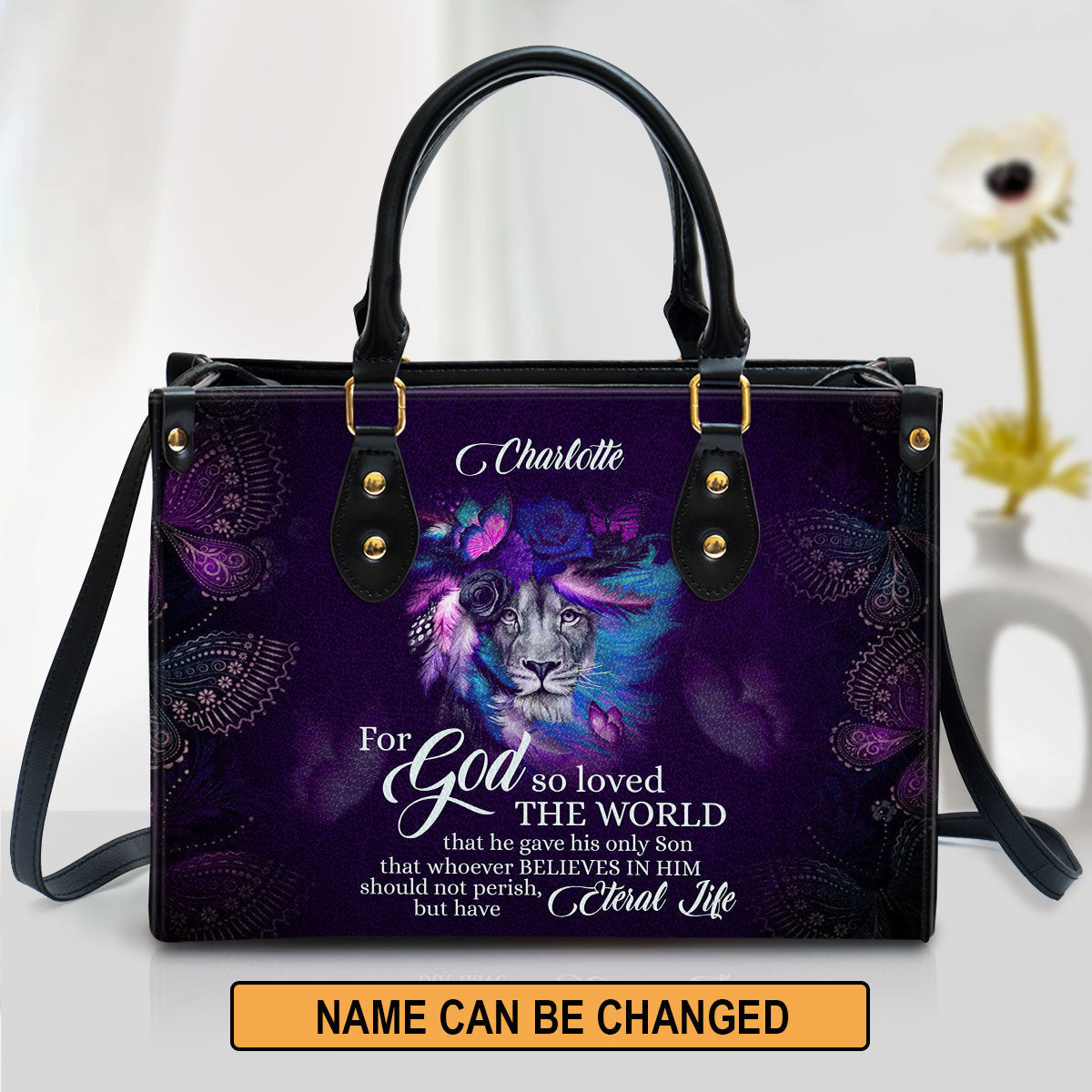 John 316 For God So Loved The World Lion And Rose Personalized Leather Handbag - Gifts For Religious Women