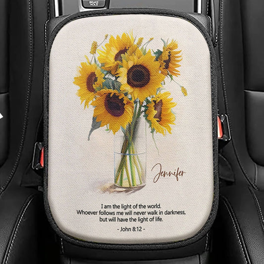 John 81 I Am The Light Of The World Personalized Seat Box Cover, Christian Car Center Console Cover, Bible Verse Gift For Women Of God