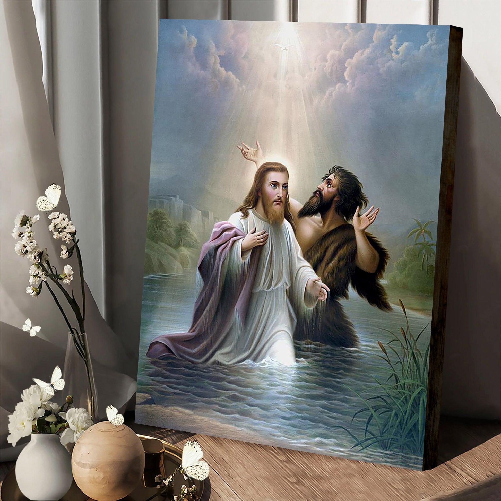 John The Baptist Baptizes Jesus Christ  Canvas Wall Art - Jesus Canvas Pictures - Christian Wall Art