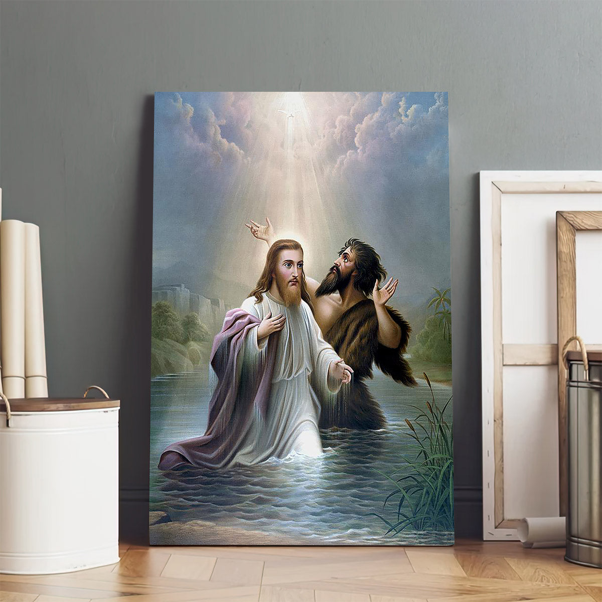John The Baptist Baptizes Jesus Christ  Canvas Wall Art - Jesus Canvas Pictures - Christian Wall Art