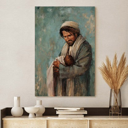 Joseph Holding Baby Jesus Canvas Poster - Jesus Canvas