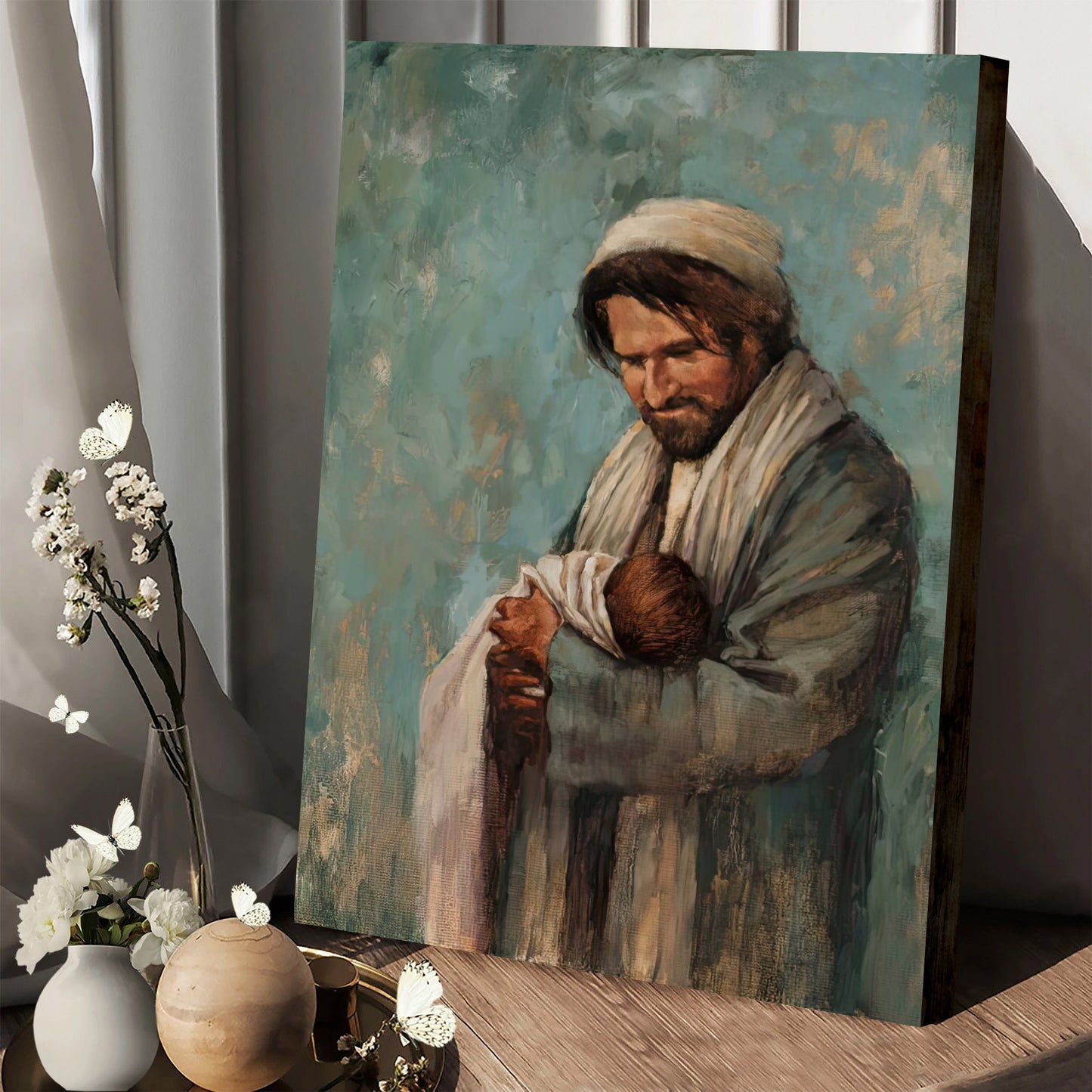 Joseph Holding Baby Jesus Canvas Poster - Jesus Canvas