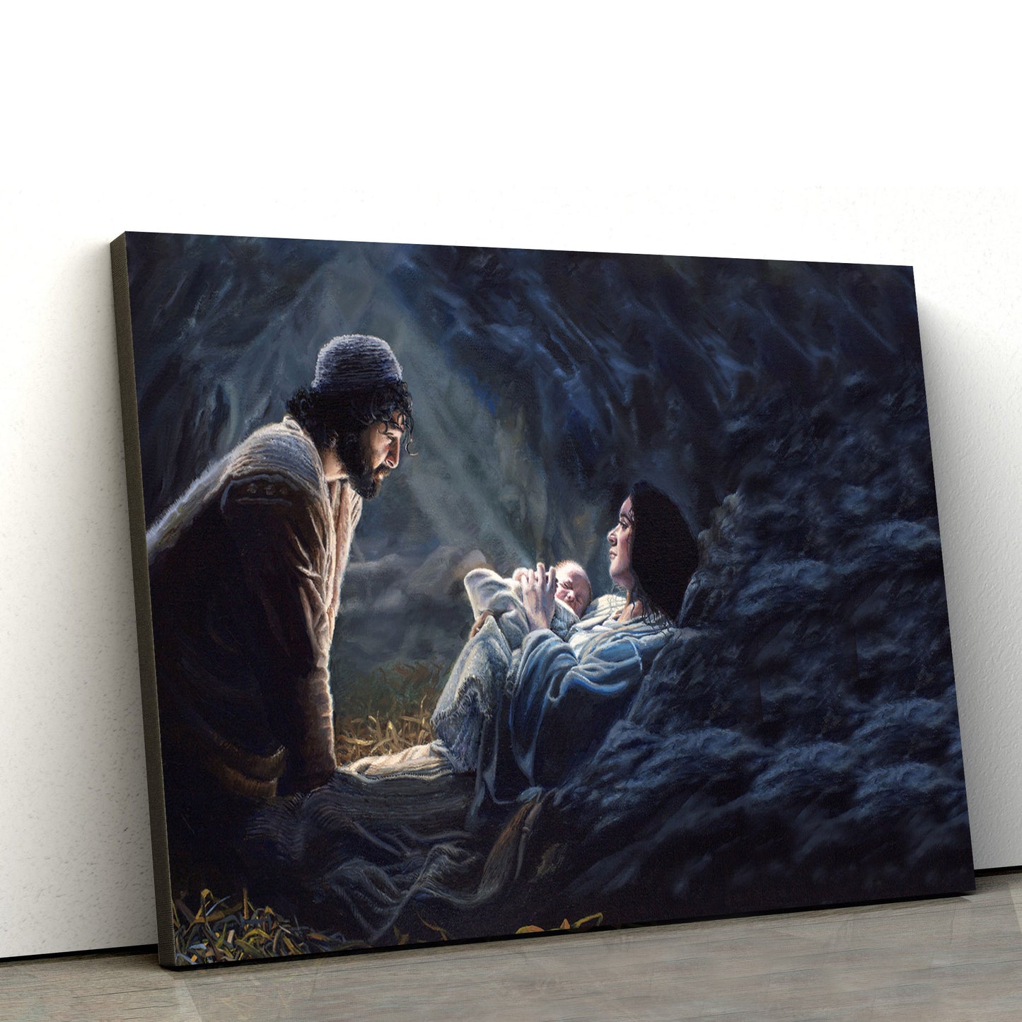 Joseph Kneeling At The Feet Of Mary And Newborn Baby Jesus Canvas Art - Jesus Christ Pictures - Jesus Wall Art - Christian Wall Decor