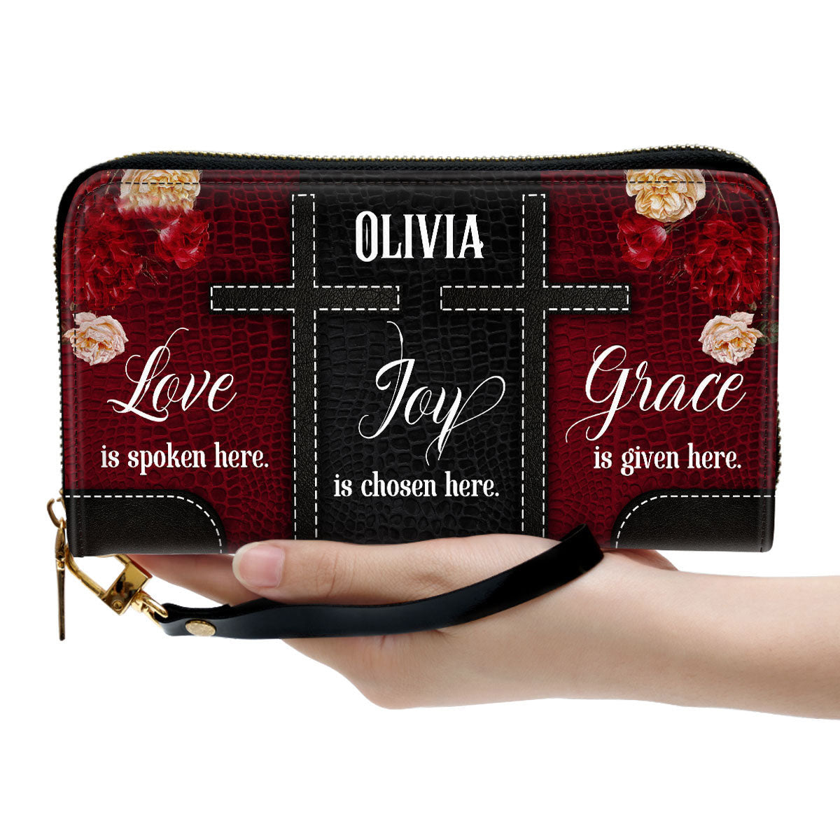 Joy Is Chosen Here Pretty Flower Clutch Purse For Women - Personalized Name - Christian Gifts For Women