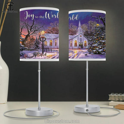 Joy To The World - Country Church In Snow - Christmas Table Lamp For Bedroom - Christian Room Decor