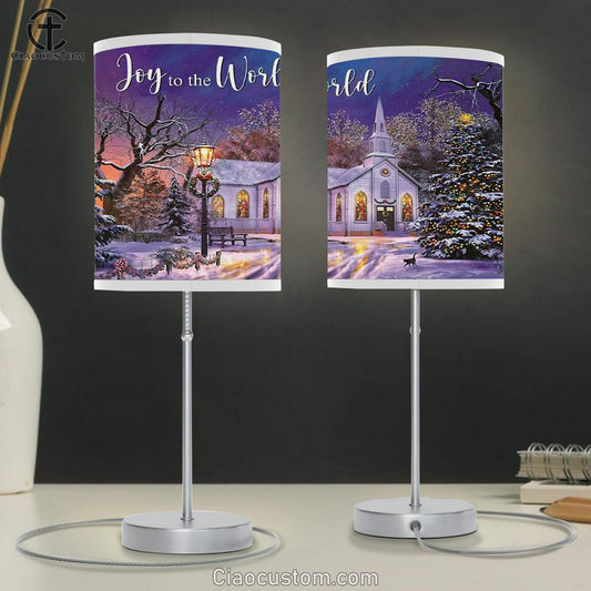Joy To The World - Country Church In Snow - Christmas Table Lamp For Bedroom - Christian Room Decor