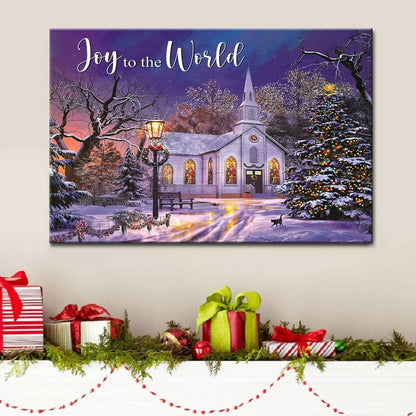 Joy To The World, Country Church In Snow, Christmas Wall Art Canvas - Religious Wall Decor