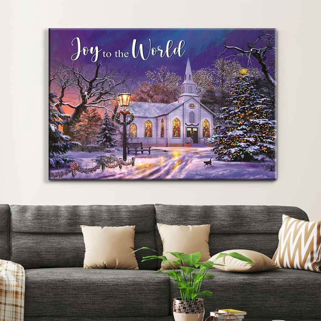 Joy To The World, Country Church In Snow, Christmas Wall Art Canvas - Religious Wall Decor