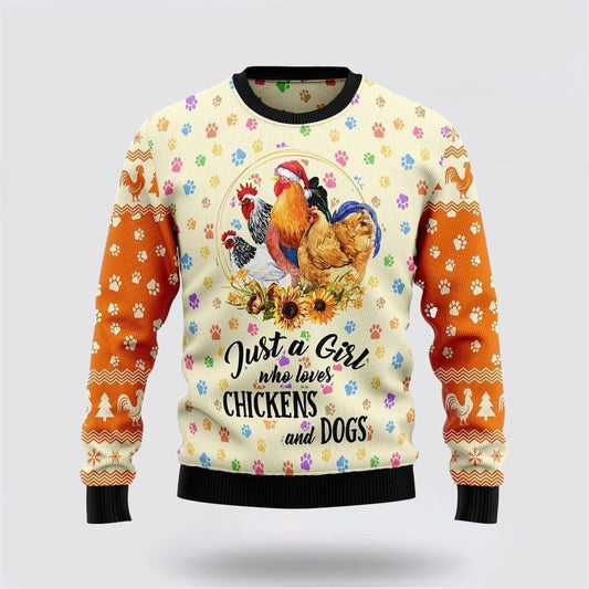 Just A Girl Who Loves Chickens And Dogs Ugly Christmas Sweater For Men And Women, Gift For Christmas, Best Winter Christmas Outfit