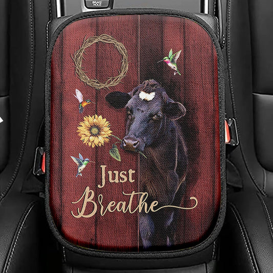 Just Breath Angus Cow Sunflower Seat Box Cover, Christian Car Center Console Cover, Bible Verse Car Interior Accessories