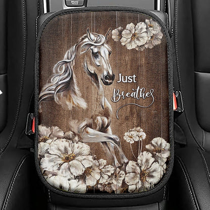 Just Breath Horse Beautiful White Flower Seat Box Cover, Bible Verse Car Center Console Cover, Christian Car Interior Accessories