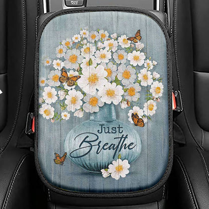 Just Breathe Apricot Blossom Monarch Butterfly Flower Seat Box Cover, Christian Car Center Console Cover, Bible Verse Car Interior Accessories