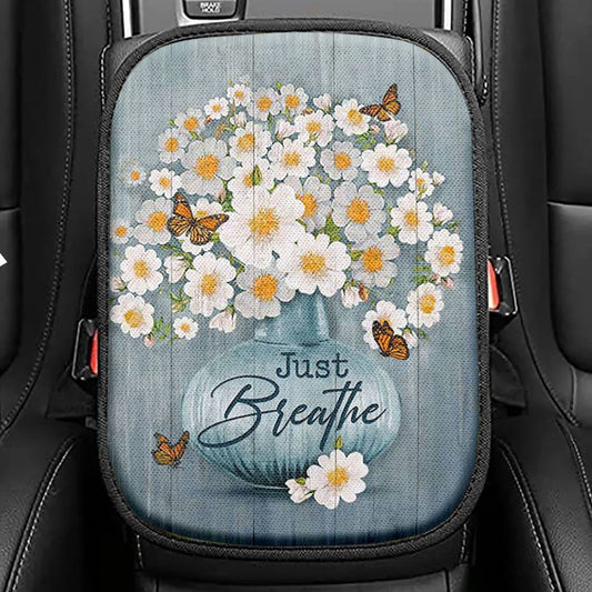 Just Breathe Apricot Blossom Monarch Butterfly Flower Seat Box Cover, Christian Car Center Console Cover, Bible Verse Car Interior Accessories