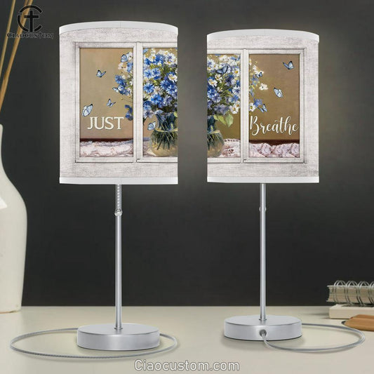 Just Breathe Baby Flower Vase Butterfly Table Lamp For Bedroom - Bible Verse Table Lamp - Religious Room Decor